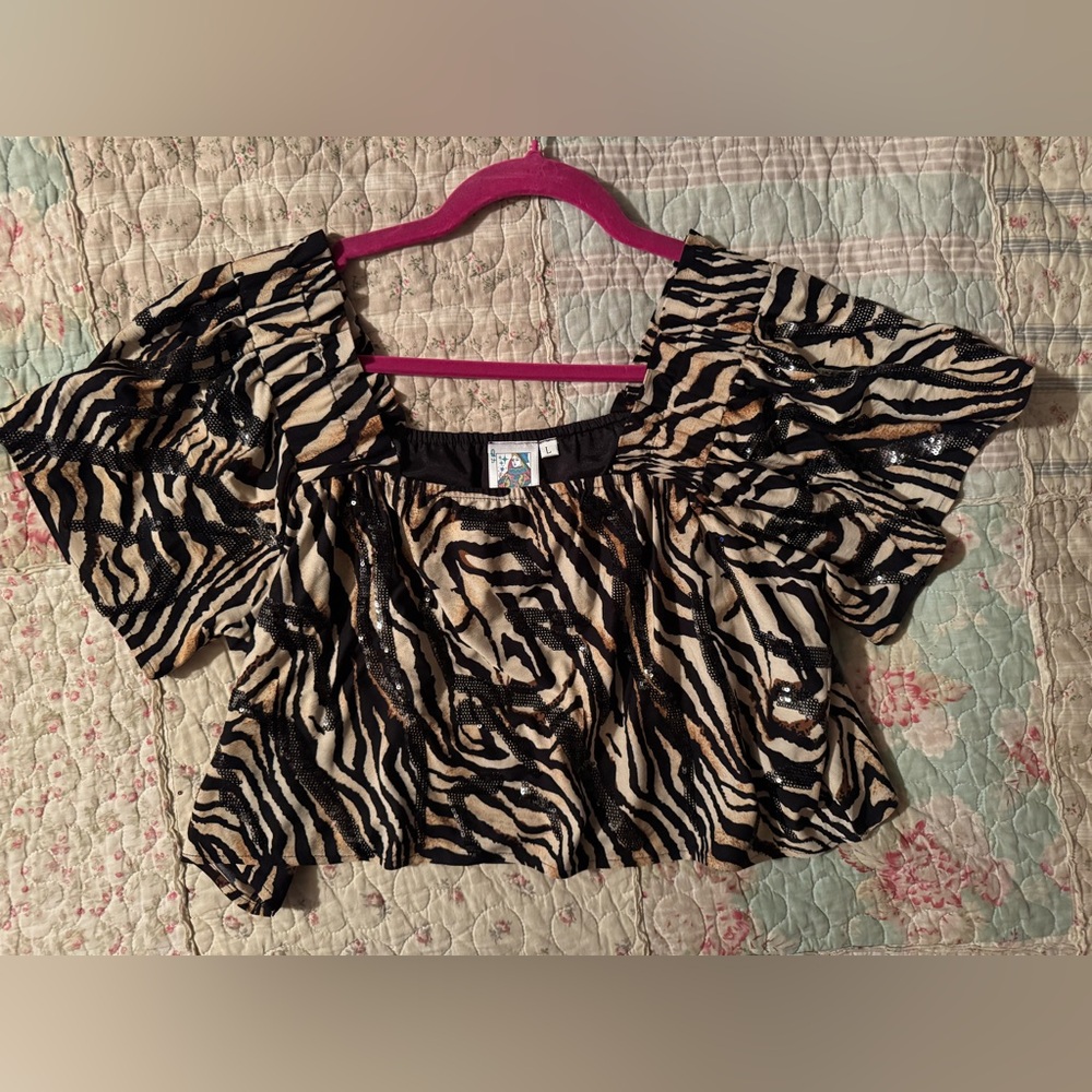 QUEEN OF SPARKLES Zebra Sequin Blouse